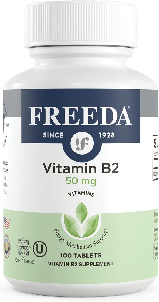 Freeda Vitamine B2 Riboflavine 50mg – Support du système nerveux et énergétique – supplément sans gluten pour le cerveau et le métabolisme – (100 Ct)