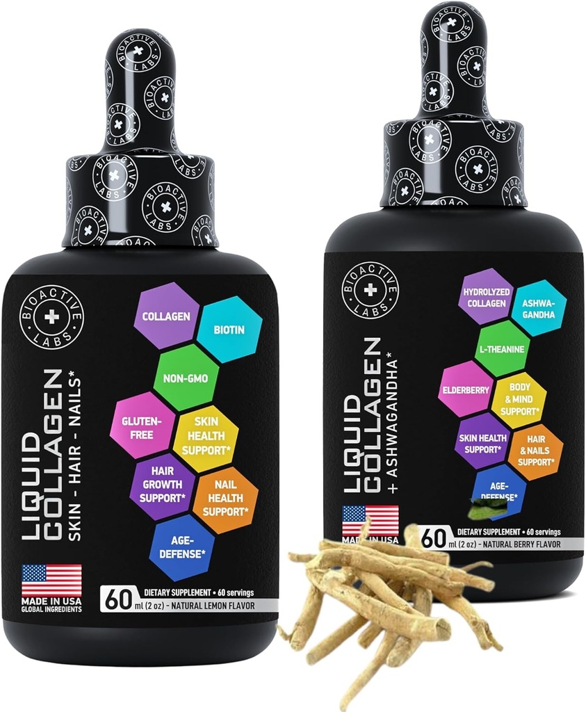 Collagène liquide avec Biotine et Collagène liquide avec Ashwagandha Enhanced Collagen Bundle for Hair Growth, Skin Glow, Nails