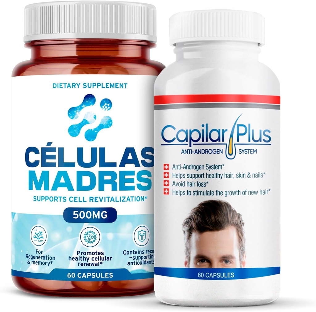 AFA Stem Cell & Hair Growth Supplement Bundle | 60 Caps Each | Antiaging & Longevity Support with Immunity Boost | Capilar Plus for Hair Loss Treatment | Healthy Skin, Hair & Nails | Spirulina, Chlore