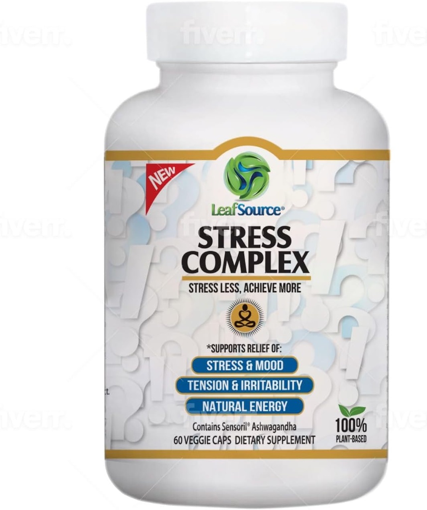 LEAFSOURCE Stress Complex – Natural Stress Relief & Energy Boost - Advanced Ashwagandha Sensirol® - Réduit l'irritabilité, améliore la concentration, le calme et le sommeil - Fatigue Fighting - 60 Capsules