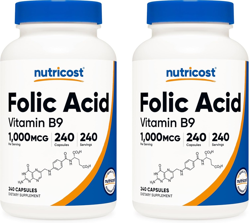 Acide folique Nutricost (vitamine B9) 1000 mcg, 240 capsules (2 bouteilles)