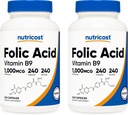 Acide folique Nutricost (vitamine B9) 1000 mcg, 240 capsules (2 bouteilles)