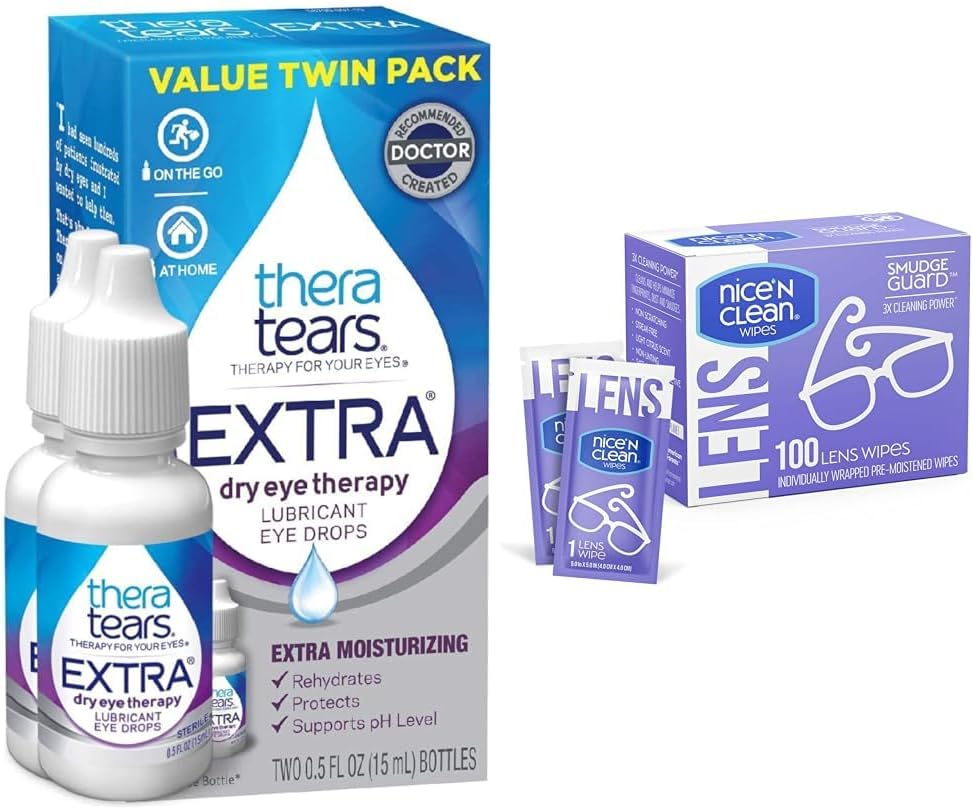 TheraTears extra gouttes d'oeil sec, 2 Compte & Nice 'n Clean 100 SmudgeGuard Lens Wipes Bundle