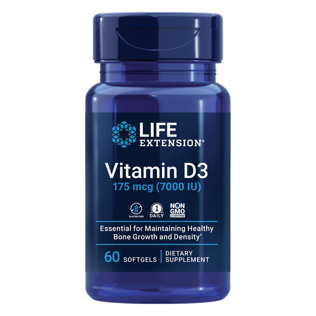 Extension de la durée de vie Vitamine D3 175 mcg (7000 UI), système immunitaire, santé des os, performance cérébrale, sans gluten, non OGM, une fois par jour, approvisionnement en deux mois, 60 softgels