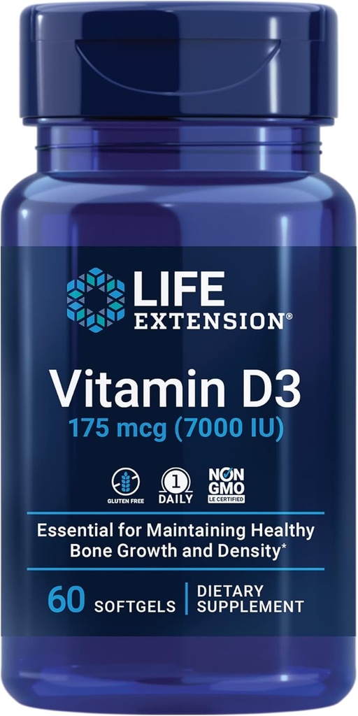 Extension de la durée de vie Vitamine D3 175 mcg (7000 UI), système immunitaire, santé des os, performance cérébrale, sans gluten, non OGM, une fois par jour, approvisionnement en deux mois, 60 softgels
