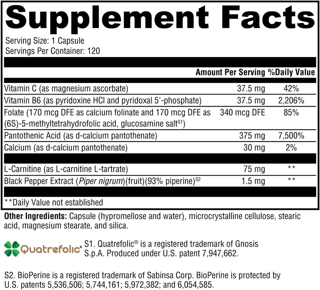 XYMOGEN Corticare B - Suppléments de soutien adrénal au cortisol avec vitamine C, L Carnitine et biodisponible Supplément de folate Quatrefolic - Soutien à la production d'énergie saine et de coenzyme A (120 capsules)