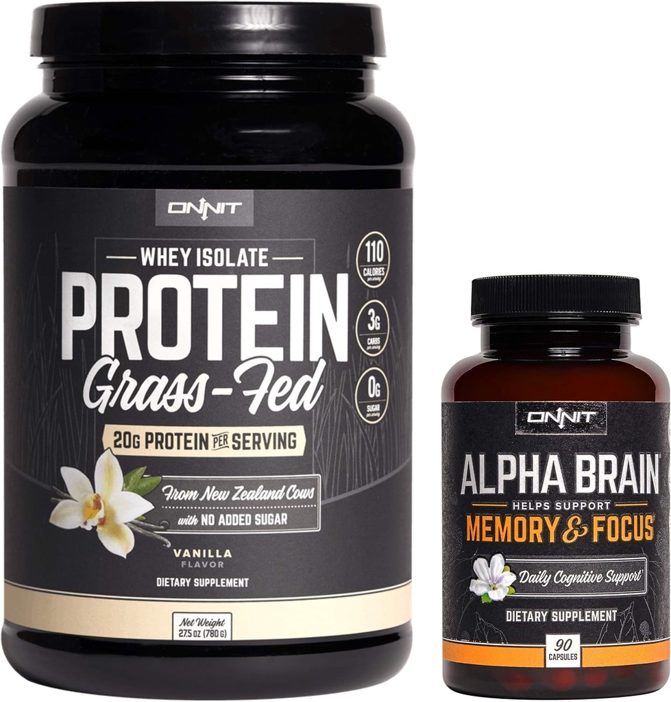 ONNIT Nootropic + Sports Nutrition Stack - Alpha Cerveau (90ct) + Protéine de lactosérum herbeux (Vanilla)