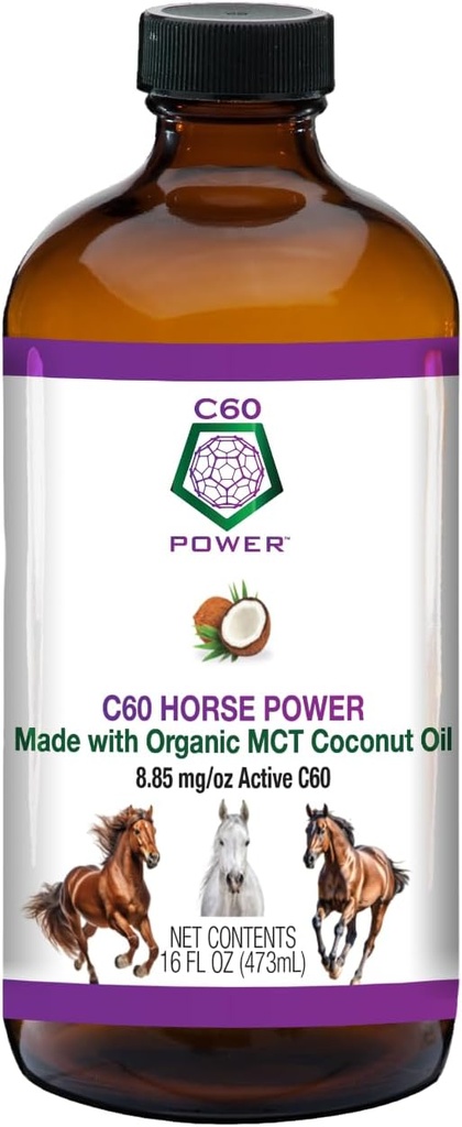 C60 Horse Power - C60 dans l'huile de coco MCT biologique, aide au bien-être naturel pour les chevaux, 99,99 % Fullerènes au carbone pur, favorise le vieillissement en santé, l'énergie et la mobilité - 16 fl oz bouteille