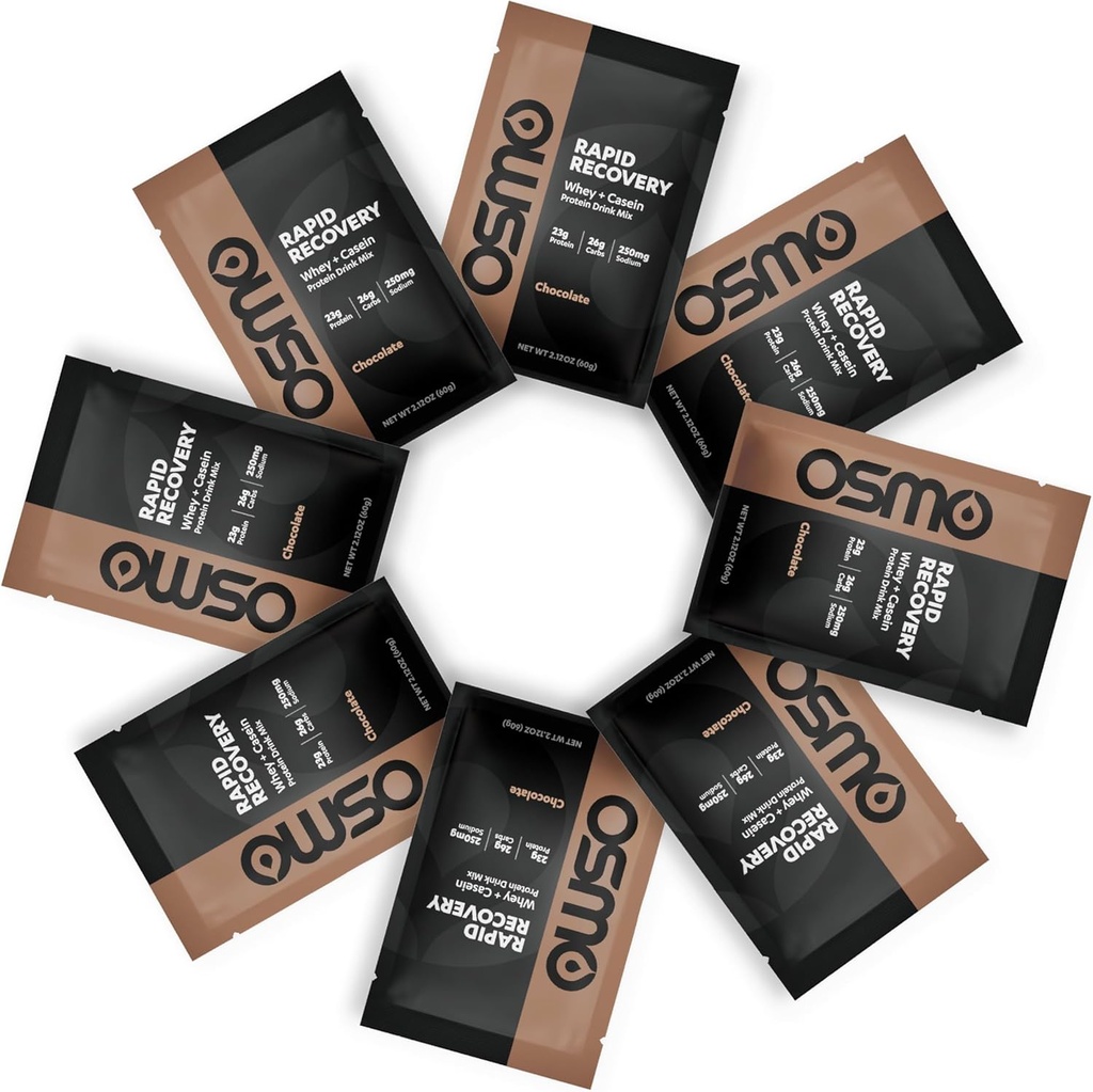 Osmo Rapid Recovery - Mélange de poudre de protéines de lactosérum et de la caséine micellaire avec des glucides et de la caféine, tous les ingrédients naturels, permet la réparation musculaire et stimule la restauration du glycogène - chocolat, 8 portions