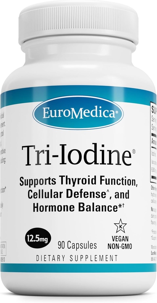 EuroMedica Tri-Iodine - Soutien à la santé thyroïde - Aide l'équilibre hormonal avec l'iode moléculaire de Kelp - Caractéristiques Iodide de potassium et l'iode de sodium - Soutien du cerveau et de l'énergie - 12,5mg, 90 Capsules