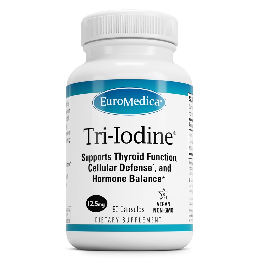EuroMedica Tri-Iodine - Soutien à la santé thyroïde - Aide l'équilibre hormonal avec l'iode moléculaire de Kelp - Caractéristiques Iodide de potassium et l'iode de sodium - Soutien du cerveau et de l'énergie - 12,5mg, 90 Capsules
