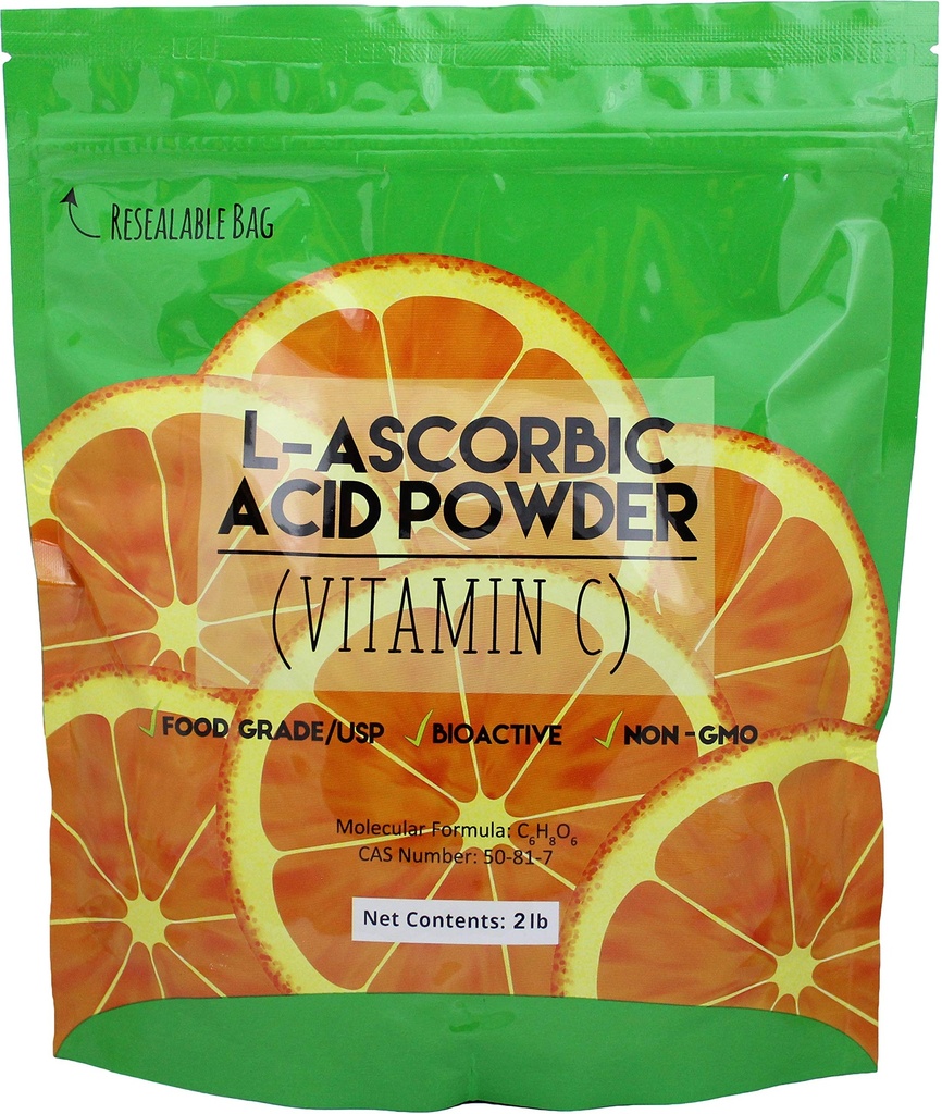 Duda Energy asc2 Sachet de poudre d'acide L-ascorbique, 2 lb., 99+% Classe alimentaire USP36/BP2012 Cristaux blancs purs naturellement fermentés Forme de vitamine C