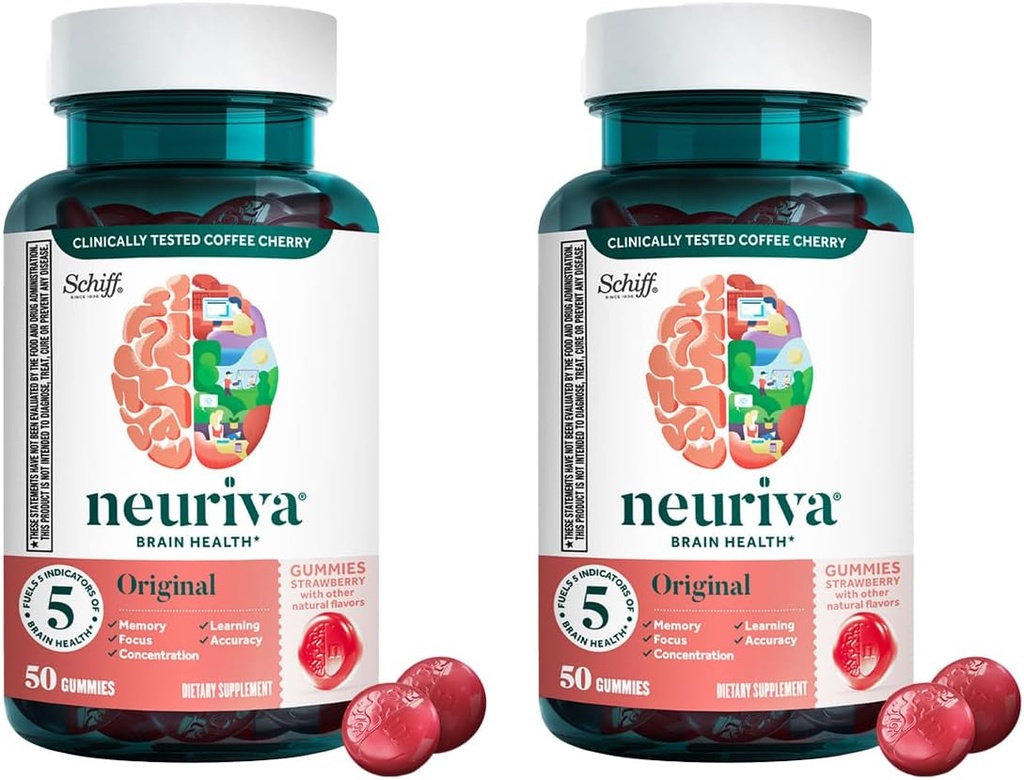 NEURIVA Original Brain Supplement for Memory, Focus & Concentration + Learning & Accuracy with Clinically Tested Nootropics Phosphatidylserine and Neurofactor, Strawberry Flavor, 50 Gummies (2 Pack)