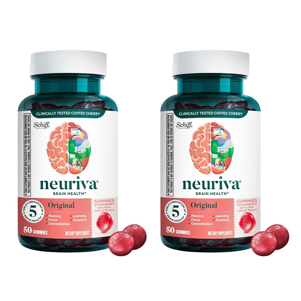 NEURIVA Supplément Cerveau d'origine pour la mémoire, la concentration et la concentration + Apprentissage et Exactitude avec Nootropics testés cliniquement Phosphatidylsérine et neurofactor, Flavor de fraise, 50 Gommies (2 Pack)