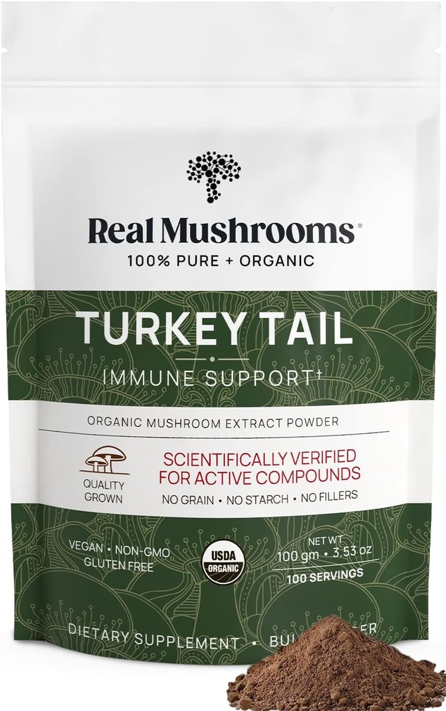 Véritables champignons Turkey Tail Poudre de champignons – Bio Turkey Tail Extrait de – pour le bien-être, l'harmonie Gut et le soutien énergétique – végétalien, non-OGM, sans remplissage – 100 portions de champignons fonctionnels Supplément