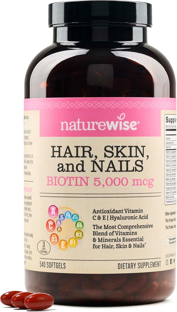 NatureWise Peau et ongles Vitamine, Biotine 5000mcg avec acide hyaluronique, Collagène pour femmes avec complexe C, B, D3, A, E, Fer - Non-OGM, Sans gluten - 540 Softgels[6-Mois]
