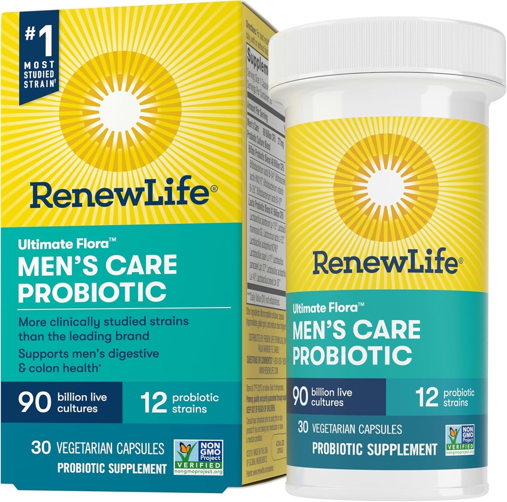 Renouveler la vie des hommes Soins Probiotiques Capsules, soutient les hommes Digestion, Colon, Immune et santé respiratoire, L. Rhamnosus GG, laiterie, soja et sans gluten, 90 Million CFU, 30 Compte