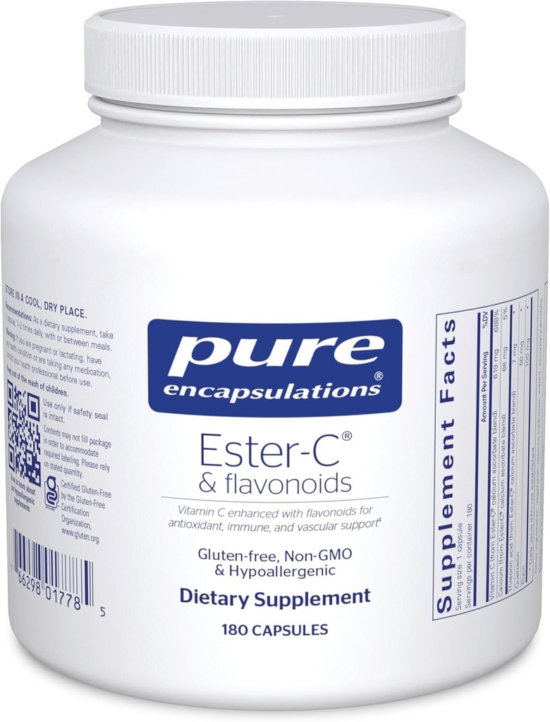 Encapsulations pures Ester-C & Flavonoïdes - Supplément de vitamine C pour les antioxydants - Immune et soutien vasculaire* avec Calcium et Rutin - Gentle on Digestion - Vegan & Non-OGM - 180 Capsules