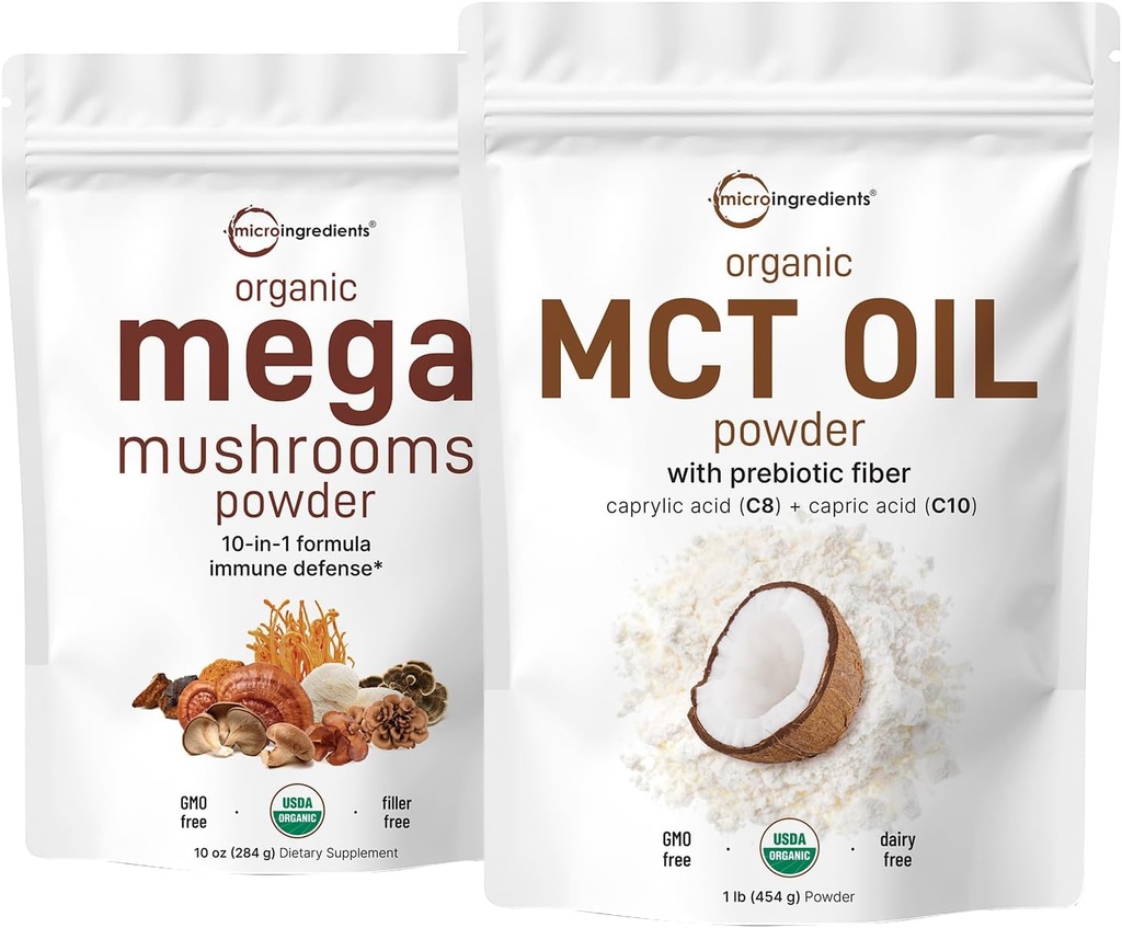 Micro Ingrédients Bio Mega Poudre de Champignons 10oz et Bio Poudre d'huile MCT 1lb Bundle 2 Pack Huile, crème végétale