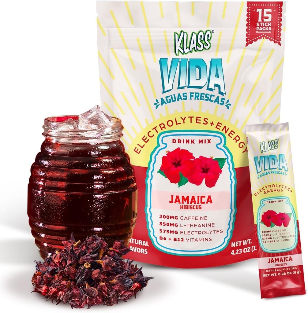 Hydratation + énergie Mélange de boissons électrolytiques – Hibiscus Agua Fresca Flavor , Poudre sans sucre avec caféine, L-Theanine, eau de coco et minéraux , 15 paquets de bâtons à simple portion, faible teneur en calories