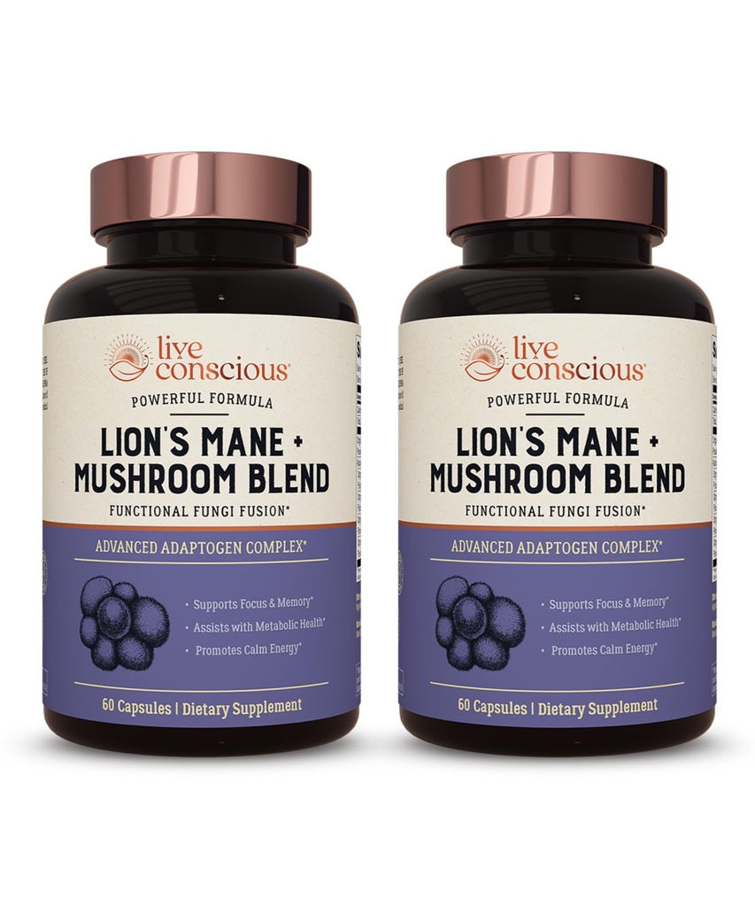 Live Conscient Lions Mane Mushroom Supplément Capsules pour le soutien du cerveau avec la Mane, Cordyceps, Reishi et la dinde Tail Mushrooms - Supplément mémoire cognitive pour le cerveau (2-Pack)