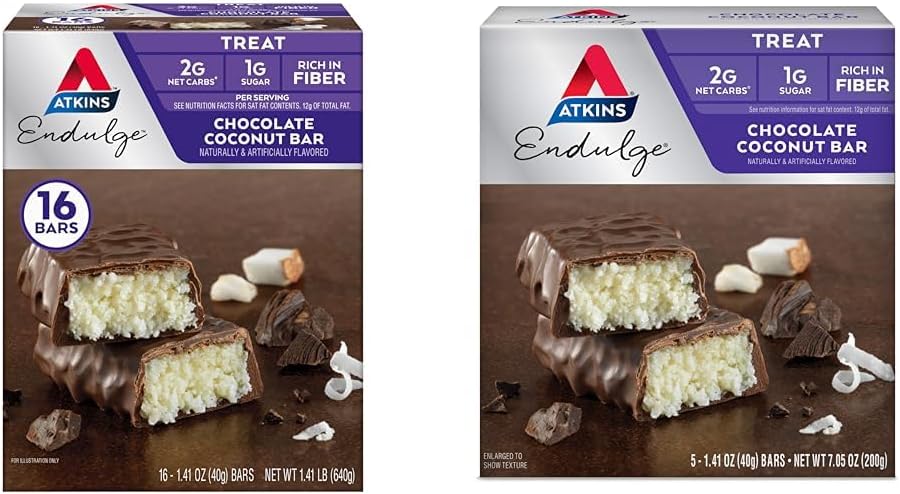 Atkins Endulge Chocolate Coconut Bar 16 Count & 5 Count Bundles, Dessert Favorite with Chocolatey and Coconut Flavors, High in Fiber, 1g Sugar per Serving