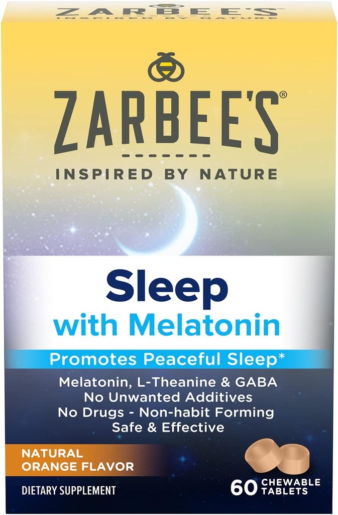Mélatonine de Zarbee 5mg, L-Theanine + supplément de sommeil GABA pour promouvoir le sommeil paisible, l'arôme naturel d'orange, comprimés à croquer pour les adultes de 12 ans et plus, 60 Nombre