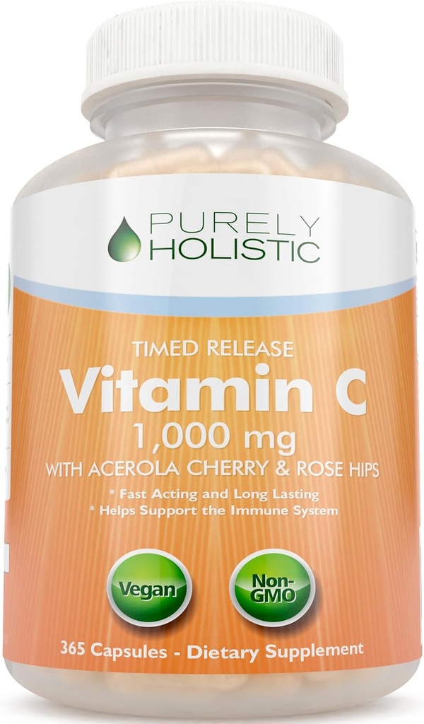 Vitamine C purement holistique 1000mg, 365 Capsules, 12 mois d'approvisionnement, 2 étapes de libération chronométrée avec l'acide ascorbique, Rosehip & Acerola Cerise Bioflavonoïde, système immunitaire support, végétalien