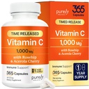 Vitamine C purement holistique 1000mg, 365 Capsules, 12 mois d'approvisionnement, 2 étapes de libération chronométrée avec l'acide ascorbique, Rosehip & Acerola Cerise Bioflavonoïde, système immunitaire support, végétalien