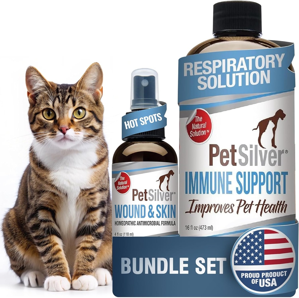 PetSilver - Immune Support (16 fl oz) et Wound & Skin Spray (4 fl oz) avec argent chélaté breveté - Allergies, sinus et traitement de la toux - Wound Care & Hot Spot Spray pour chats et chiens - Fabriqué aux États-Unis