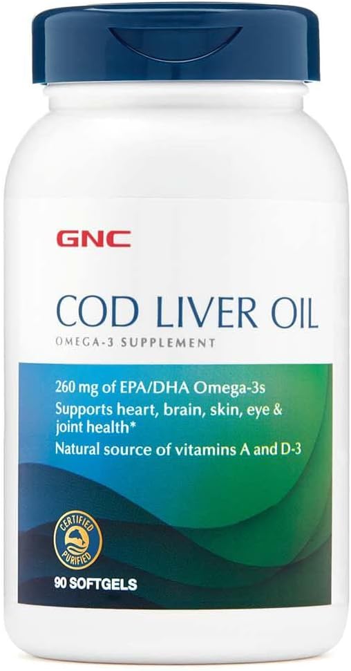 Supplément à l'huile de foie de morue GNC Omega 3, 260mg EPA et DHA, soutient le coeur, le cerveau, la peau, les yeux et la santé articulaire, 90 Softgels