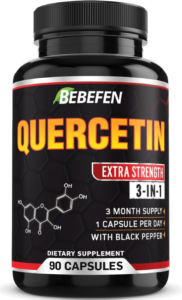 BEBEFEN Capsules Quercetin - 7050mg Pilules de formule avec extrait de poivre noir - 90 Capsules Pilules Quercetin pour soutenir la santé immunitaire et la santé cardiovasculaire - Approvisionnement de 3 mois