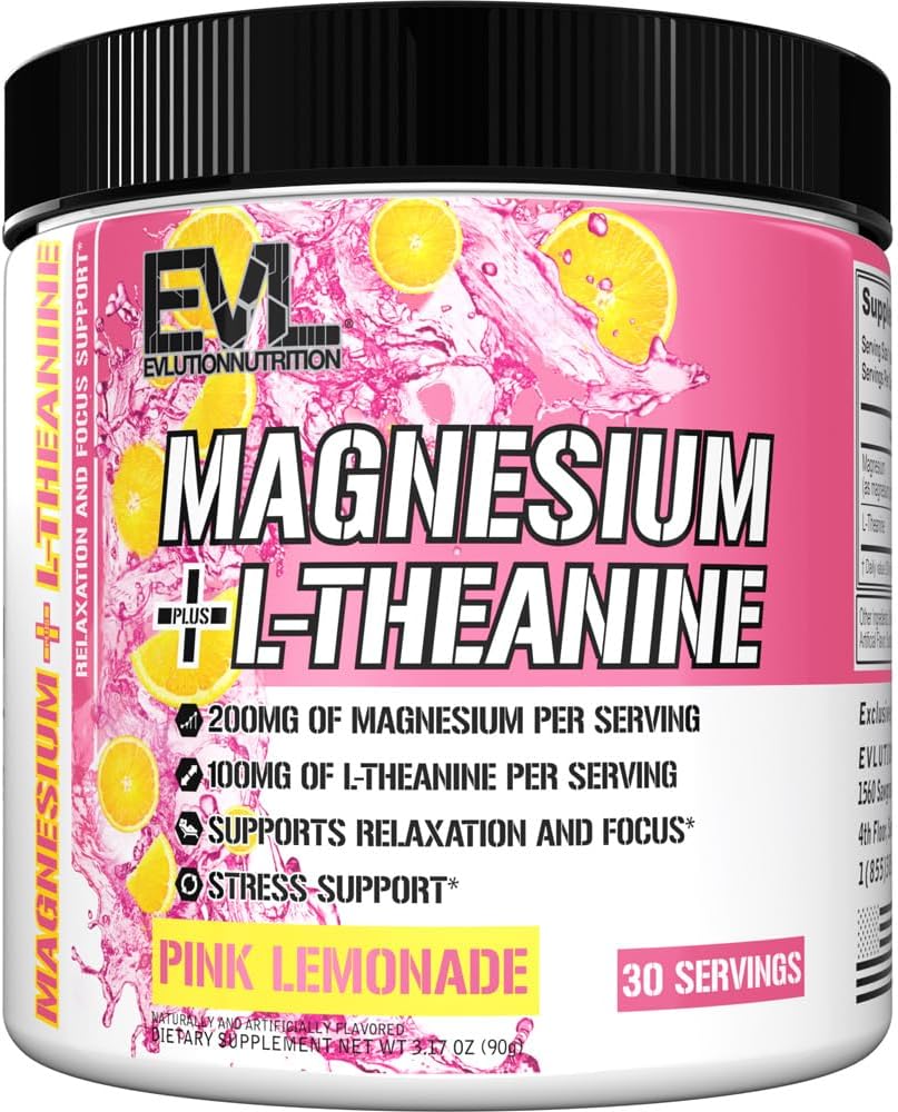 Évlution Nutrition Magnésium + L-Theanine - Relaxation naturelle & Focus Support - 200mg Magnésium + 100mg L-Theanine - Vegan & Non-OGM - Supplément alimentaire en poudre - 30 portions - Cimonade rose