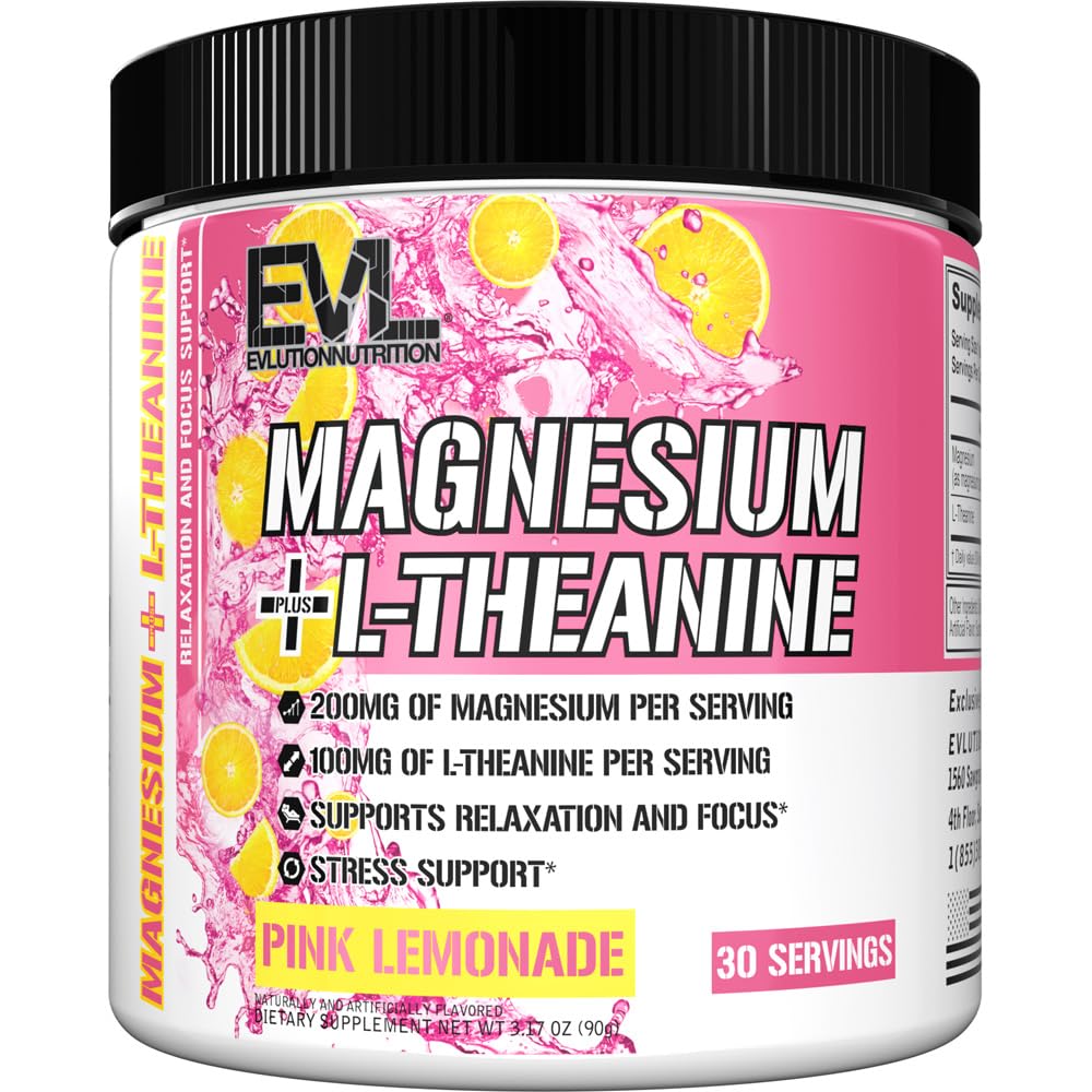 Evlution Nutrition Magnesium + L-Theanine - Natural Relaxation & Focus Support - 200mg Magnesium + 100mg L-Theanine - Vegan & Non-GMO - Powder Dietary Supplement - 30 Servings - Pink Lemonade