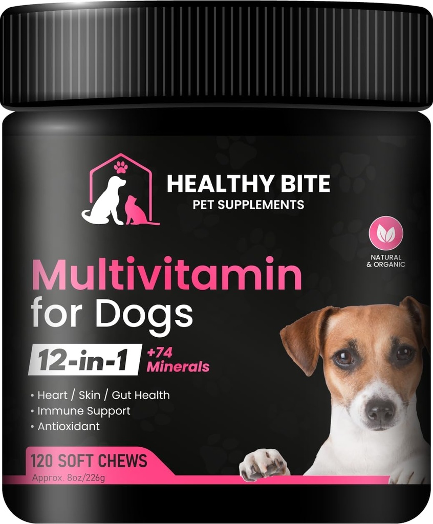 Bite saine 12 en 1 Multivitamine pour chiens - Supplément de peau et de manteau, soutien immunitaire, vitamines pour animaux de compagnie, calcium pour chiens fabriqués aux États-Unis - 120 Compte