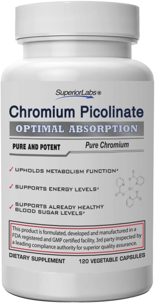 Superior Labs Picolinate de chrome 500mcg, Absorption élevée, Non-OGM, Sucre sanguin et soutien du métabolisme, Gestion du poids et de la rage alimentaire, aide l'énergie et la sensibilité à l'insuline, 120 capsules
