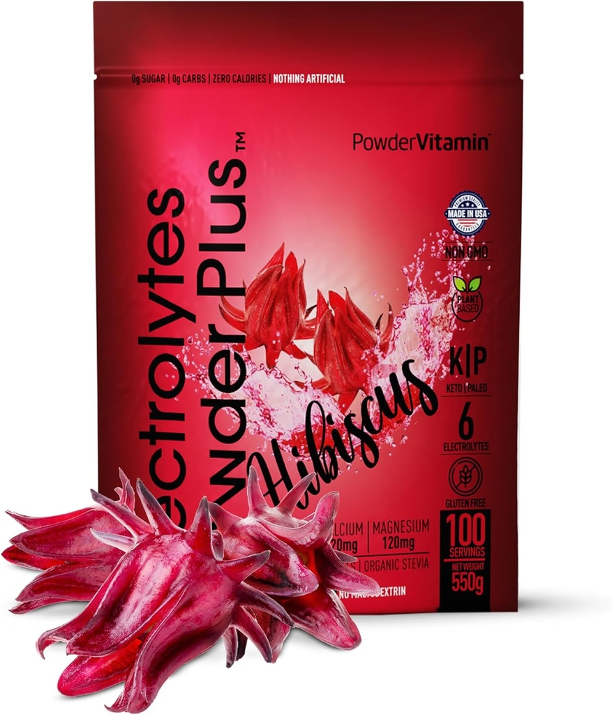 PoudreVitamine Electrolytes Poudre Plus (100 portions) Hibiscus Electrolyte Poudre Zéro Calorie Keto,0 Sucre, Pas de Maltodextrine,1000mg Potassium,120mg Calcium,120mg Magnésium, Poudre d'hydratation