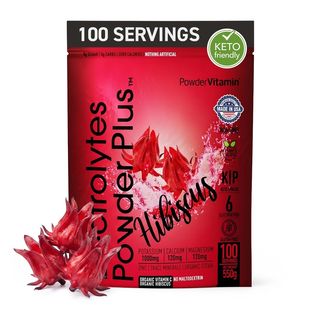 PoudreVitamine Electrolytes Poudre Plus (100 portions) Hibiscus Electrolyte Poudre Zéro Calorie Keto,0 Sucre, Pas de Maltodextrine,1000mg Potassium,120mg Calcium,120mg Magnésium, Poudre d'hydratation