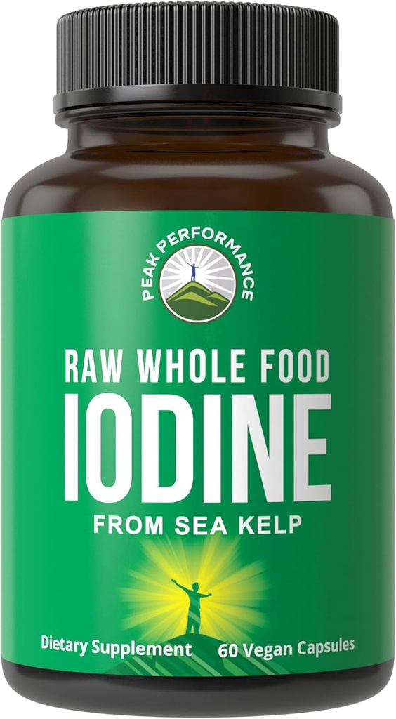 Raw Whole Food Iodine Supplement from Organic Kelp (Ascophyllum Nodosum) by Peak Performance. Potassium Iodide Support Tablets. for Metabolism, Energy, and Immune. 60 Vegan Capsules, Pills.