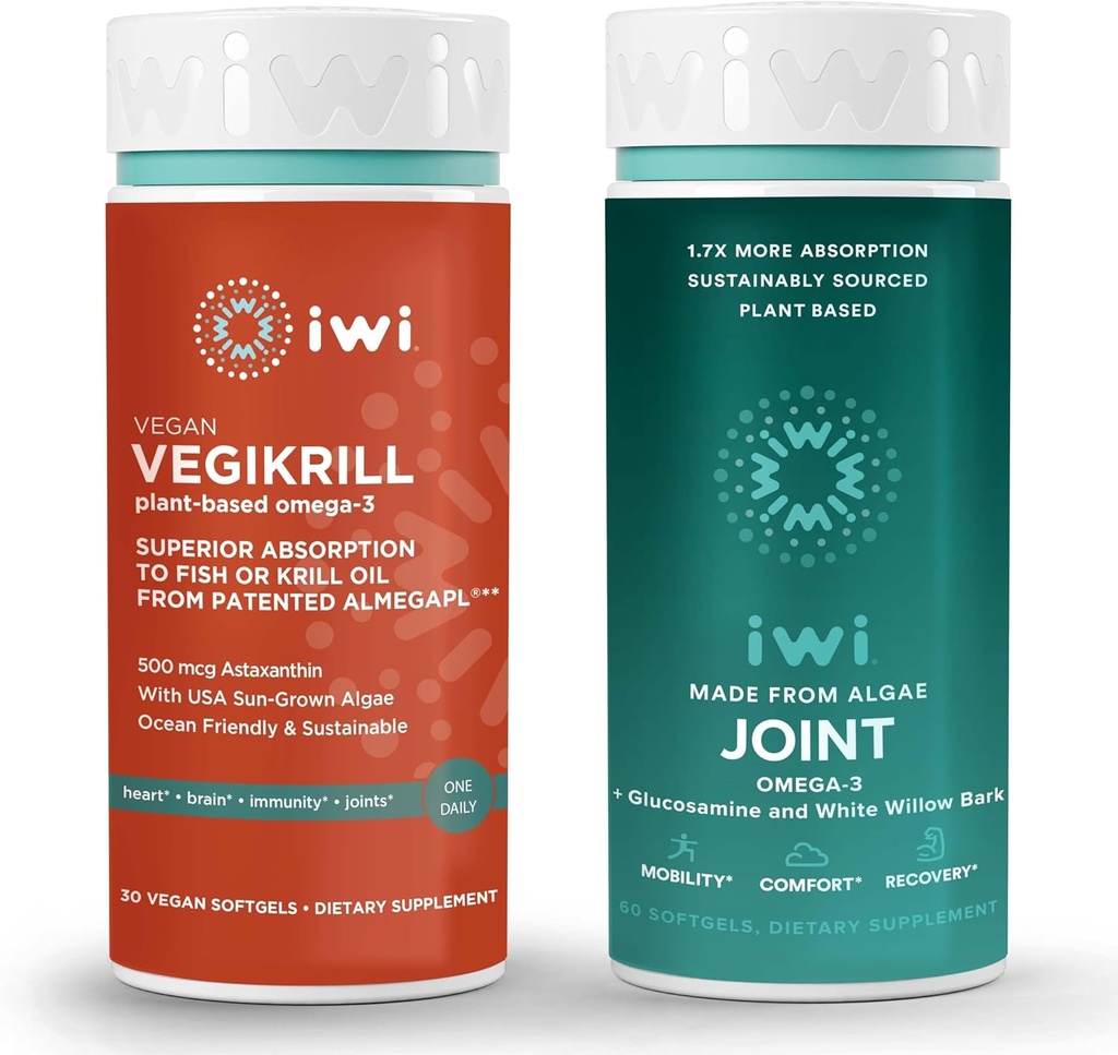 iwi Life Vegikrill & Joint Omega-3 Bundle, 30 portions, les algues végétales Omega 3, Krill & Fish Oil Alternative, aucun arrière-goût de poisson