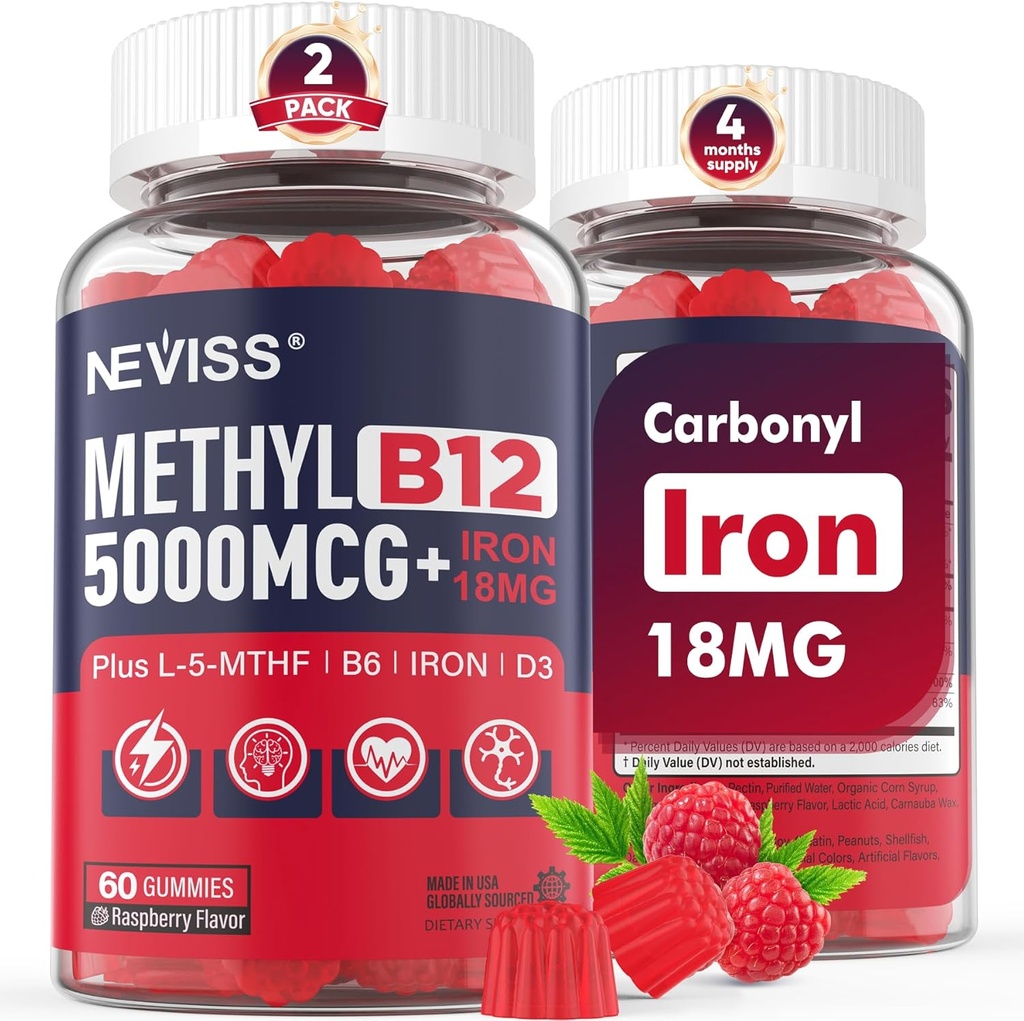 NEVISS Méthyl B12 Vitamines 5000 mcg Gummies + Fer 18 mg pour les femmes - Méthylcobalamine active Méthylated B12 Supplément de vitamine avec/L-MéthylFolat, B6 (P5P) & D3 pour le soutien énergétique et focal, 120 portions