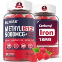 NEVISS Methyl B12 Vitamins 5000 mcg Gummies + Iron 18 mg for Women - Active Methylcobalamin Methylated B12 Vitamin Supplement w/L-MethylFolate, B6 (P5P) & D3 for Energy & Focus Support, 120 Servings