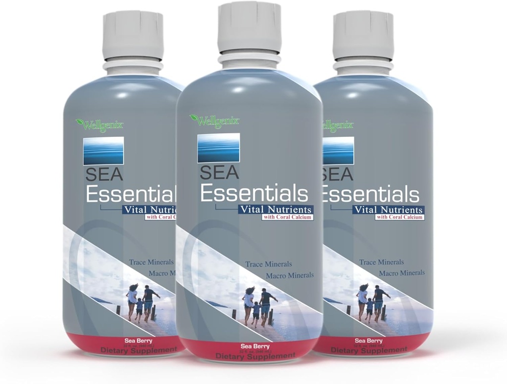 Wellgenix Sea Essentials nutriments vitaux - Coral Calcium liquide multivtamine - Adultes et enfants Supplément quotidien - Nutritional Sea Végétation Boissons minérales - Sea Berry Flavor 32oz (3)