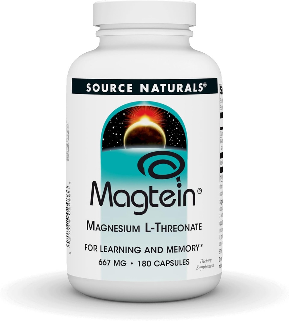 Source Naturals Magtéin Magnésium L-Thréonate, 667mg, Supports Focus, Mood, Mémoire saine, Fonction cognitive - 180 Capsules