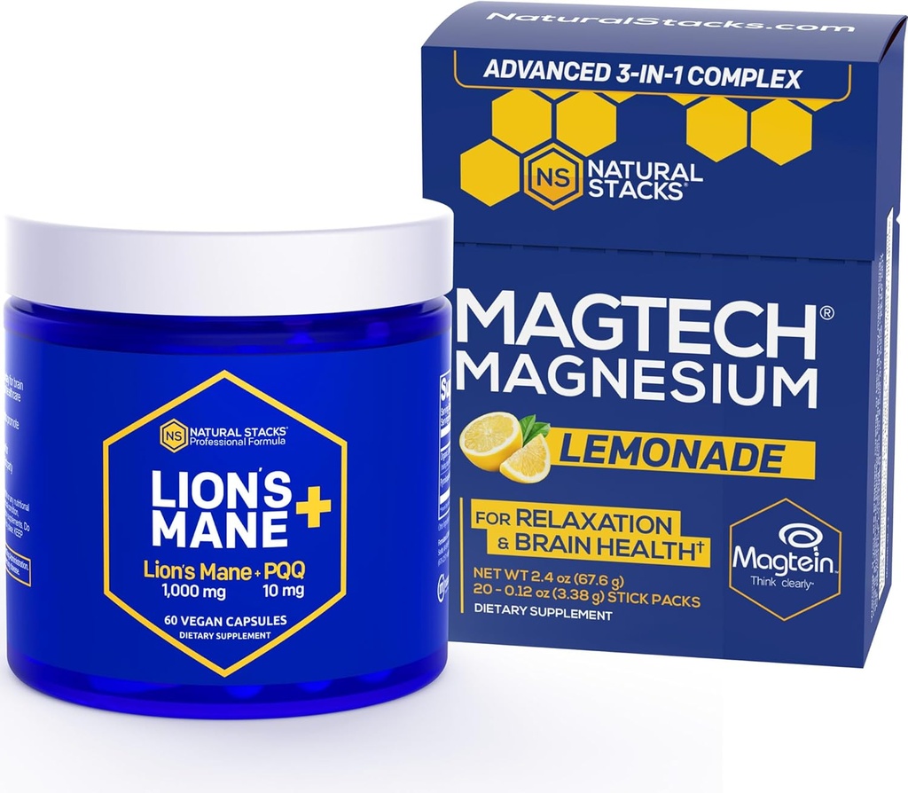 STACKS NATURAUX Magnésium Magnésium Lémonade Mélange de boissons + Lions Mane Champignon Supplément Bundle - Soutient la relaxation, la santé cérébrale et la mémoire* - 50 portions