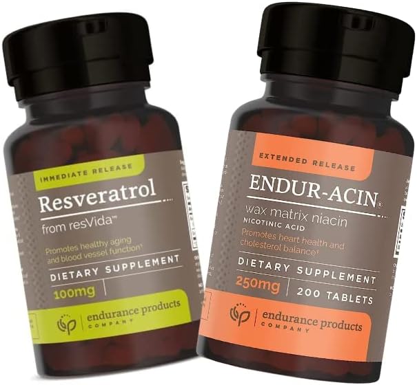 Endurance Products Resveratrol Supplement – Extrait de peau de raisin et ENDUR-ACIN 250mg Niacine - Libération prolongée pour absorption optimale et faible teneur en soufre