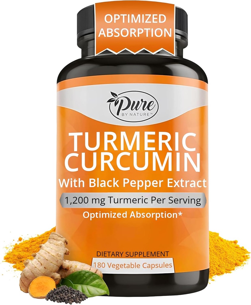 Curcumine curcumine curcuma pur par nature avec extrait de poivre noir 10 mg Capsules, 1200 mg par portion, support antioxydant organique à absorption élevée (180 Nombre)
