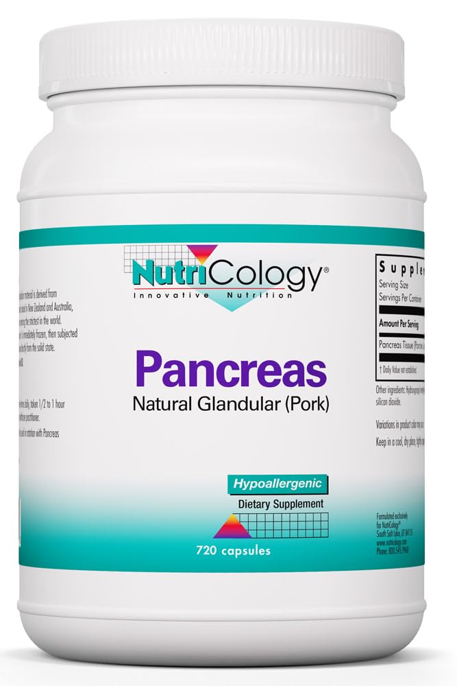 Nutricologie Supplément diététique Pancréas - Soutien digestif, Glandur naturel (Pork), Enzymes, Hypoallergénique, Capsules végétariennes, Sans gluten - 720 Nombre