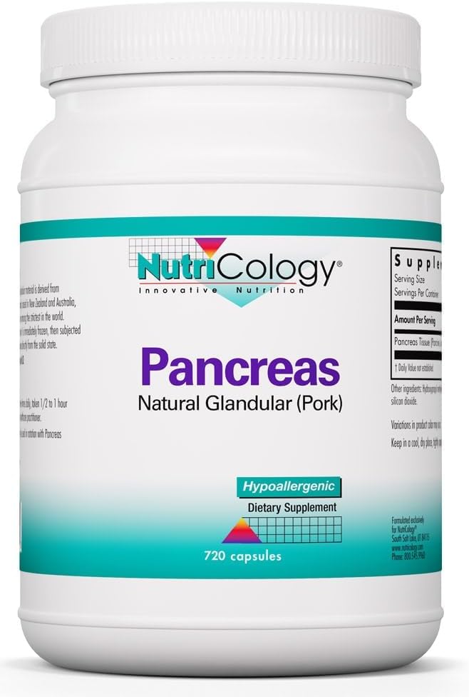 Nutricologie Supplément diététique Pancréas - Soutien digestif, Glandur naturel (Pork), Enzymes, Hypoallergénique, Capsules végétariennes, Sans gluten - 720 Nombre
