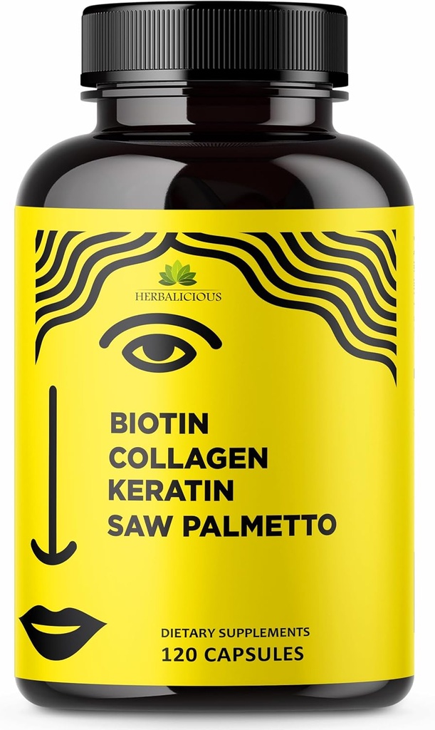Vitamines de biotine HERBALICIEUX avec Collagène, Keratin & Saw Palmetto pour les femmes et les hommes - Biotin 10000 mcg Hair Skin Nails Supplément pour le bien-être des cheveux, de la peau et des ongles - Fabriqué aux États-Unis, 120 Capsules